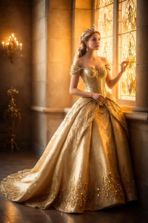 full body, Enchanting Fairy Tale Princess, Royal Castle Setting, Soft Golden Lighting, Regal Gown, (high resolution:1.2), (royal details:1.15), (fairy tale princess:1.1), (majestic ambiance:1.2), (golden glow:1.1), (intricate details:1.14), (elegance:1.1), standing, (masterpiece,best quality:1.5)