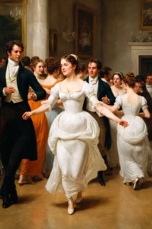 Oil painting, Vienna era,  neoclassicism,  pride and prejudice,  banquet,  English country estate, a woman,  light focus,  white victorian dress,  whole body,  People dancing in the background, intoxicated in dancing,  depth of field,  thick paint