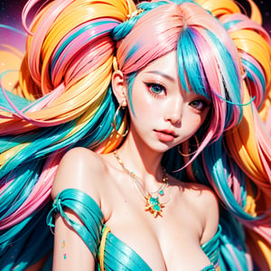 Close-up of a woman with colorful hair and necklace, anime girl with cosmic hair, Rossdraws soft vibrancy, Gouviz style artwork, fantasy art style, colorful], vibrant fantasy style, Rossdraws cartoon full of vitality, cosmic and colorful, Guweiz, colorful digital fantasy art, stunning art style, beautiful anime style, glowing hair