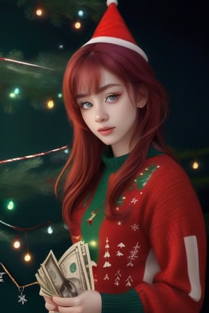 (masterpiece, top quality, best quality, official art, beautiful and aesthetic:1.2), (1girl:1.3), heterochromia, photorealistic, image elements do not change, same configuration (Christmas tree, a girl, red hair, side face, look) (showing the audience, bright Christmas patterned sweaters), the background was changed to dollar bills flying in the air, and the gifts were changed to stacks of dollar bills.