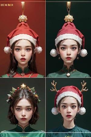 Christmas character IP design, facial details,mixed patterns and text, pop market design, pop, clay material,high details,green background