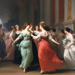 Vienna era, neoclassicism, a woman, light focus, whole body, intoxicated in dancing, depth of field, background is dancing girls, thick paint