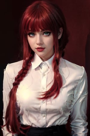 (masterpiece,  top quality,  best quality,  official art,  beautiful and aesthetic:1.2),  (1girl:1.3),  heterochromia , photorealistic,red hair, shirt, tie, black trousers,