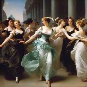 Vienna era, neoclassicism, a woman, light focus, whole body, intoxicated in dancing, depth of field, background is dancing girls, thick paint