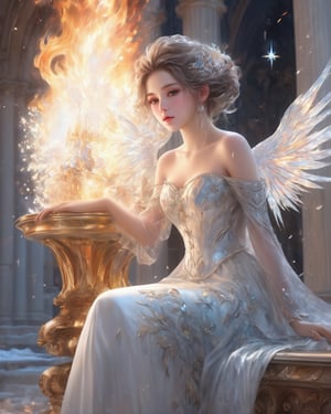 Oil painting, Vienna era, neoclassicism, 1girl, a detailed organ die dress, sitting, burning hair,crystalstextureHair, Iridescence hair, watercolor_(medium), large top sleeves,Floating white silk,no shoe, star hair ornament, Many ice cubes surround the girl,ice and fire melt, detailed dice, ice crystal texture wings,spark, burning, Burn one self in flames,bare knee, snowflake, burning sky, the smoke of gunpowder, Ice is floating in the air, a hell on earth, floating glass fragments,Hiten, an extremely delicate and beautiful girl, gothic architecture,, Ambient light, beautiful detailed glow, ray tracing,cinematiclighting, reflective hair, beautiful detailed eyes, extremely detailed hair, beautiful detalied hair, floating hair, wind lift,detailedcuteanimeface, an extremely delicate and beautiful,bestillustration, best quality, highly detailed, illustration, extreme body details, extremely detailed CG unity 8k wallpaper,anextremelydelicateandbeautifu, eyes the same size, gorgeous, Broken glass,magiccircle,beautifuldetailedwhitegloves, fire,Bare shoulders, Depth of field, cowboy shot,, (masterpiece,best quality:1.5)