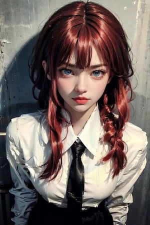 (masterpiece,  top quality,  best quality,  official art,  beautiful and aesthetic:1.2),  (1girl:1.3),  heterochromia , photorealistic,red hair, shirt, tie, black trousers,