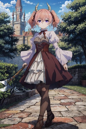 ((masterpiece)), ((best quality)), ((extremely detailed)), (perfect composition), (prefect anatomy), high-res, prefect lighting, absurdres, 1girl, soles, lineye, small breasts, short twintails, hair between eyes, purple eyes, pink hair, medium hair, demon horns, dark red hair ribbon, pointy ears, enchanting expressionless, ((looking at viewer)), frilled shirt collar, dark red choker, white frilled shirt, juliet sleeves, long sleeves, dark red neck ribbon, dark red dress, white frilled dress, white layered dress, brown corset, striped pantyhose, outdoors, (prefect battle axe, double headed axe, holding axe):5.8, medieval castle, palace, advanced cg, amazing quality, octane rendering,