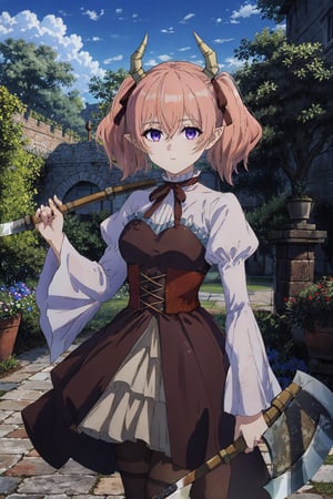 ((masterpiece)), ((best quality)), ((extremely detailed)), (perfect composition), (prefect anatomy), high-res, prefect lighting, absurdres, 1girl, soles, lineye, small breasts, short twintails, hair between eyes, purple eyes, pink hair, medium hair, demon horns, dark red hair ribbon, pointy ears, enchanting expressionless, ((looking at viewer)), frilled shirt collar, dark red choker, white frilled shirt, juliet sleeves, long sleeves, dark red neck ribbon, dark red dress, white frilled dress, white layered dress, brown corset, striped pantyhose, outdoors, (prefect battle axe, double headed axe, holding axe):5.8, medieval castle, palace, advanced cg, amazing quality, octane rendering,