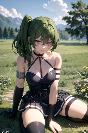outdoor
//Quality,
masterpiece, best quality
,//Character,
1girl, solo
,//Fashion,
ubel,long hair,side ponytail,hair between eyes,bangs,black choker,bare shoulders,cleavage,halterneck,black dress,sleeveless,arm strap,single glove,belt,black skirt,buckle,black belt,thigh strap,knee boots,black footwear,masterpiece, best quality, field,Very reluctant expression,despise,angry,