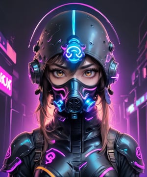 the era of neon, fight helmet full gear, close up on the face, beautiful face, fashion gas mask, fantastic background 