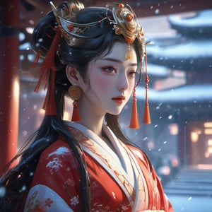 8k, heavy snow , super quality anime, amazing background, amazing lighting, lightning, close up of face, Tang Dynasty Princess, wears kimono wedding 