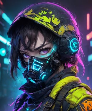 the era of neon, fight helmet full gear, close up on the face, beautiful face, fashion gas mask, fantastic background 