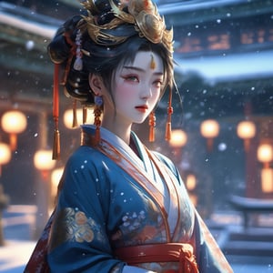 8k, heavy snow , super quality anime, amazing background, amazing lighting, lightning, close up of face, Tang Dynasty Princess, wears kimono wedding 