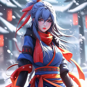 8k, ninja girl, heavy snow , super quality anime, colourful, amazing background 