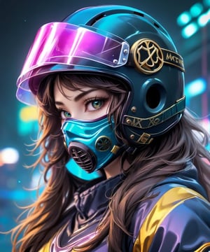 the era of neon, hockey helmet gear, close up on the face, beautiful face, fashion gas mask, fantastic background 