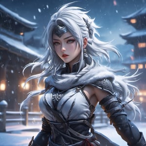 8k, ninja girl, heavy snow , super quality anime, amazing background, amazing lighting, lightning, white hair 