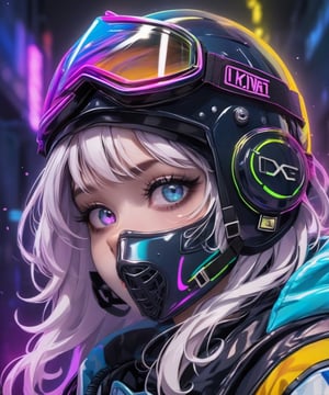 the era of neon, hockey helmet gear, close up on the face, beautiful face, fashion gas mask, fantastic background,