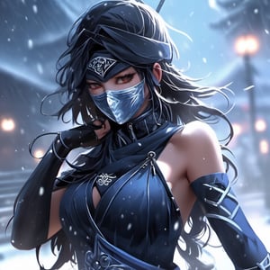 8k, ninja girl, heavy snow , super quality anime, amazing background, mask, amazing lighting, lightning