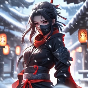 8k, ninja girl, heavy snow , super quality anime, amazing background, mask, amazing lighting 