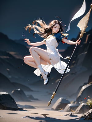 A pretty and lovely Chinese girl, a lady jumping pose and hands holding a long spear, long hair, 1girl, solo, ,masterpiece, high quality, highres, absurdres, high details,8k,HDR,raw photo,realistic, bokeh, shallow depth of field, (full body:1.5), flying, sky , sunlight, horizon, wear simple white dress,simple background, profile, film grain, Fujifilm XT3