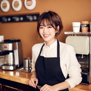 ultrahighres, masterpiece, best quality,  In the morning, in the coffee shop, with warm  light, Full body portrait, a beautiful Japanese woman, 25 years old, with light makeup (brown | short short hair | messy | slightly wet), standing in the coffee bar, mouth slightly open, smiling, wearing a barista apron