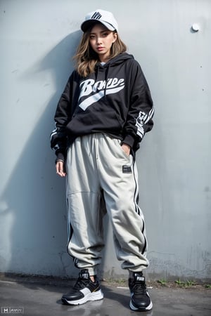 HDR raw photo, big eyes, beautiful 1 girl, brown long hair, ahoge, cool and edgy attire, baggy pants, oversized hoodie, stylish sneakers, fashionable accessories, hip hop jewelry, confident expression, graffiti walls, energetic and vibrant atmosphere, dynamic pose, looking at viewer,simple background, blank color background, Lily Feng,Chromaspots