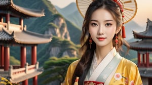 (Ultra realistic), best picture quality, (a beautiful skinny Chinese girl facing the audience  in traditional hanfu:1.35), masterpiece, vivid and detailed face, (upper body art :1.2), (clear and bright big eyes :1.1), dynamic pose, using the best artificial intelligence algorithm to generate pictures, Ultra HD, 32K, ultra realistic, dramatic, High detail, more detail,just rising half sun and mountain background,very soft sunshine,