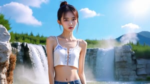 (realistic,best quality),((1 beautiful skinny Chinese young girl in fashion clothes in various poses:1.45)), full body photo art:1.41,masterpiece, vivid face,(Bun:1.36), (clear and bright big eyes:1.1),oiled body,dynamic pose, Generate a picture with the most excellent artificial intelligence algorithm, ultra high definition, 32K, ultra photorealistic,bright day,Geyser scenery,stunningly beautiful,