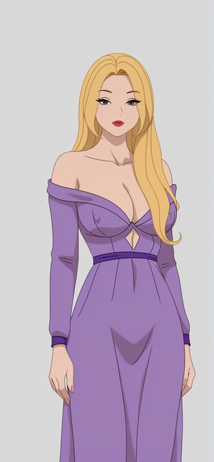 (masterpiece), 1woman, beautiful face, 30's, beloved figure, expressive eyes, big boobs, cleavage cutout, sleevess, (long blonde hair), stand, ((off shoulder purple dress)), halfbody shot, see at viewer, grey background, realistic, real photograph, high quality, 4K, 1080P, t00nstyl3