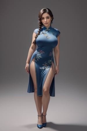 (masterpiece), 1woman, beautiful face, 30's, blue eyes, expressive eyes, big boob, round butt, (braid long black hair), standing pose, ((blue cheongsam)), see at viewer, realistic, real photograph, gray background, high quality, 4K, 1080P