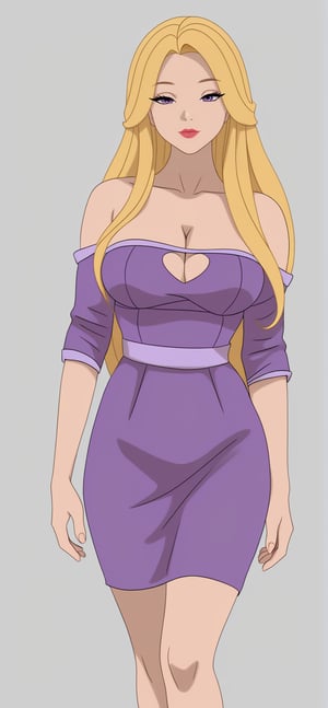 (masterpiece), 1woman, beautiful face, 30's, beloved figure, expressive eyes, big boobs, cleavage cutout, sleevess, off shoulder, (long blonde hair), stand, ((purple dress)), halfbody shot, see at viewer, grey background, realistic, real photograph, high quality, 4K, 1080P, t00nstyl3