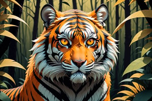 (minimalist:1.4), (flat colors:1.4), anime style, in the style of Mike Mignola, ((tiger)), ((strong, elegant)), ((orange fur with black stripes, golden eyes, realistic fur, realistic eyes, shiny fur)), jungle background