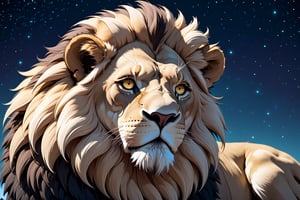 (minimalist:1.4), (flat colors:1.4), anime style, in the style of Mike Mignola, ((lion)), ((strong, elegant)), ((realistic fur, realistic eyes, shiny fur)), savana background, stars