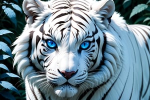(minimalist:1.4), (flat colors:1.4), anime style, in the style of Mike Mignola, ((white tiger)), ((strong, elegant)), ((white fur with black stripes, blue eyes, realistic fur, realistic eyes, shiny fur)), jungle background, ((magestuous))