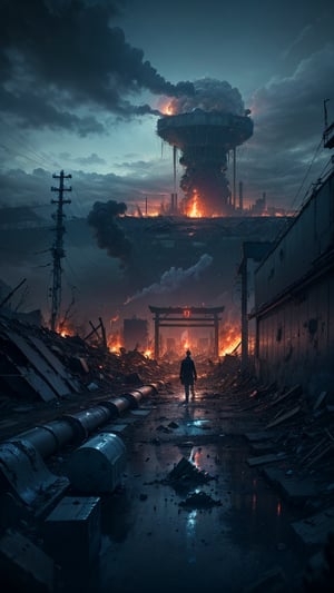 A haunting masterpiece captures the devastating aftermath of Japan's nuclear wastewater treatment plant explosion, with ultra-detailed destruction and chaos. In the foreground, a solemn figure stands amidst the ruins, surrounded by debris and pollution. The once-pristine cityscape now lies in shambles, with toxic waste spills and smoldering fires engulfing the area. Dark clouds loom overhead, reflecting the apocalyptic mood as the world teeters on the brink of ecological collapse.