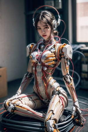 (((masterpiece))), (((best quality))), ((ultra-detailed)), (highly detailed CG illustration), ((an extremely delicate and beautiful)),(cute delicate face),cinematic light,((1mechanical girl)),solo,full body,(machine made joints:1.4),((machanical limbs)),(blood vessels connected to tubes),((mechanical vertebra attaching to back)),((mechanical cervial attaching to neck)),((sitting)),expressionless,(wires and cables attaching to head and body:1.5),(character focus),science fiction,mecha \(mjstyle\)