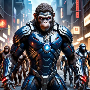 (8k uhd, masterpiece, best quality, high quality, absurdres, ultra-detailed, detailed background, centralized, full-body portrait), Cyborg version of (cesar character of planet of the apes movie). sole_male, anthropomorphic monkey, black fur, red eyes, chest logo should be caesar's logo in the movie, muscular, divine, charismatic, mischievous. | A perfect mashup betweenplanet of the apes's caesar and a futuristic cyborg. | (((mixed blue-silver colored theme))). cables, gears, in place of the muscles and hairs, ((glowing eyes, 
Luminous_iris )), detailed facial expressions, ((H.R.Geiger)), intricate details,, 
dynamic lighting, bokeh.,EpicSky,cyborg style,HellAI,cyborg,android,hdsrmr