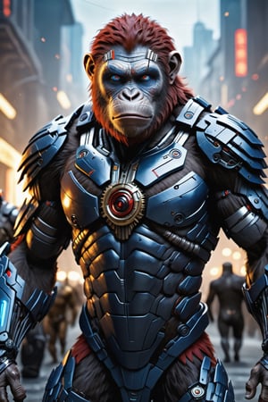 (8k uhd, masterpiece, best quality, high quality, absurdres, ultra-detailed, detailed background, centralized, full-body portrait), Cyborg version of (cesar character of planet of the apes movie). sole_male, anthropomorphic monkey, black fur, red eyes, chest logo should be caesar's logo in the movie, muscular, divine, charismatic, mischievous. | A perfect mashup betweenplanet of the apes's caesar and a futuristic cyborg. | (((mixed blue-silver colored theme))). cables, gears, in place of the muscles and hairs, ((glowing eyes, 
Luminous_iris )), detailed facial expressions, ((H.R.Geiger)), intricate details,, 
dynamic lighting, bokeh.,EpicSky,cyborg style,HellAI,cyborg,android,hdsrmr