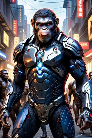 (8k uhd, masterpiece, best quality, high quality, absurdres, ultra-detailed, detailed background, centralized, full-body portrait), Cyborg version of (cesar character of planet of the apes movie). sole_male, anthropomorphic monkey, black fur, red eyes, chest logo should be caesar's logo in the movie, muscular, divine, charismatic, mischievous. | A perfect mashup betweenplanet of the apes's caesar and a futuristic cyborg. | (((mixed blue-silver colored theme))). cables, gears, in place of the muscles and hairs, ((glowing eyes, 
Luminous_iris )), detailed facial expressions, ((H.R.Geiger)), intricate details,, 
dynamic lighting, bokeh.,EpicSky,cyborg style,HellAI,cyborg,android,hdsrmr