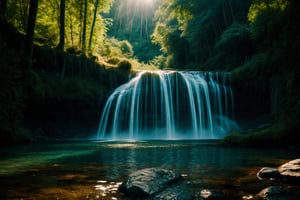 In the heart of a dark and mystical forest, a majestic waterfall plunges into a pool below. The surroundings are bathed in dramatic lighting, casting long shadows and creating an atmosphere of intrigue and wonder. The cinematic composition captures the raw power and beauty of the waterfall, with every droplet of water frozen in time. The photorealistic style emphasizes the intricate details of the forest, from the delicate ferns to the ancient trees that seem to whisper secrets. Shot on Kodak Ektar 100 film, this photograph radiates a timeless and mysterious aura, inviting viewers to immerse themselves in its captivating world.