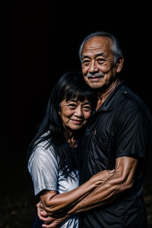 an older man and woman thailand embracing with dark background, in the style of photo-realistic landscapes, ferrania p30, close up, photobashing, nikon l35af, joyful and optimistic, portraits,rarindar style