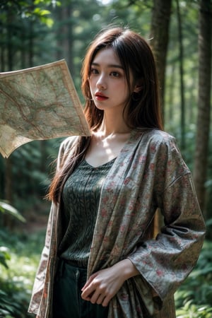 Series set,Creative jewelry,About map elements,Beautifullyly,Beautifully,exaggerate,Model wears map patterned clothes,advanced,extremely beautiful。Blurred green forest background