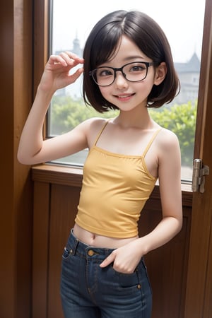 (masterpiece),scenery,best quality,1girl, sweet smile,(flat chest:1.5) ,standing,(camisole,mini pants:1.2),oppai_loli, short hair, cut bob, glasses 