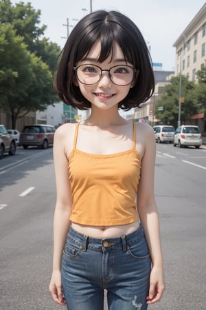 (masterpiece),scenery,best quality,1girl, sweet smile,(flat chest:1.5) ,standing,(camisole,mini pants:1.2),oppai_loli, short hair, cut bob, glasses 