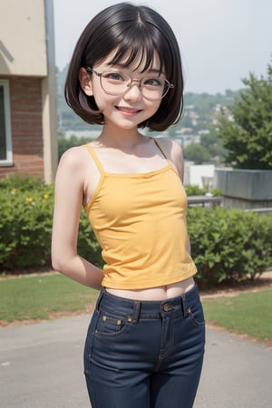 (masterpiece),scenery,best quality,1girl, sweet smile,(flat chest:1.5) ,standing,(camisole,mini pants:1.2),oppai_loli, short hair, cut bob, glasses 