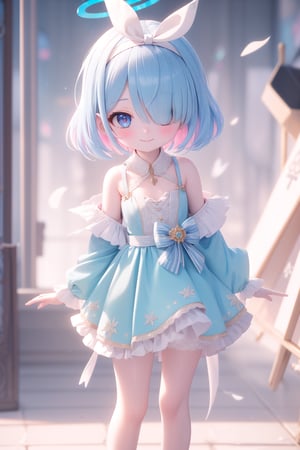 masterpiece,best quality,loli,1 girl, blush, smile,flat chest, standing,arona (blue archive),blue hair,short hair,hair over one eye,halo,hairband,More Detail,full_body,