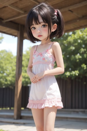 Masterpiece, best quality,solo,(loli:1.5), blush,(flat chest:1.2),standing , outdoors, blurry background ,from below,oppai_loli,(sfw:1.2)