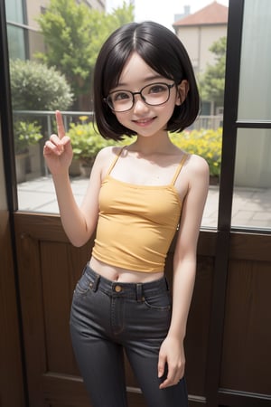 (masterpiece),scenery,best quality,1girl, sweet smile,(flat chest:1.5) ,standing,(camisole,mini pants:1.2),oppai_loli, short hair, cut bob, glasses 