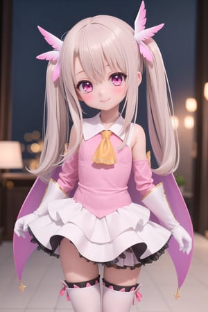 masterpiece,best quality,1girl, blush, smile,(loli:1.5),flat_chest, standing,full_body,aaillya, long hair, two side up,hair ornament,magical girl, cape, yellow ascot,pink dress, sleeveless, detached sleeves,white gloves, white skirt,pink thighhighs,