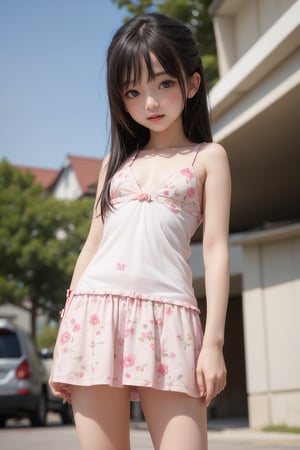 Masterpiece, best quality,solo,(loli:1.5), blush,(flat chest:1.2),standing , outdoors, blurry background ,from below,oppai_loli,(sfw:1.2)